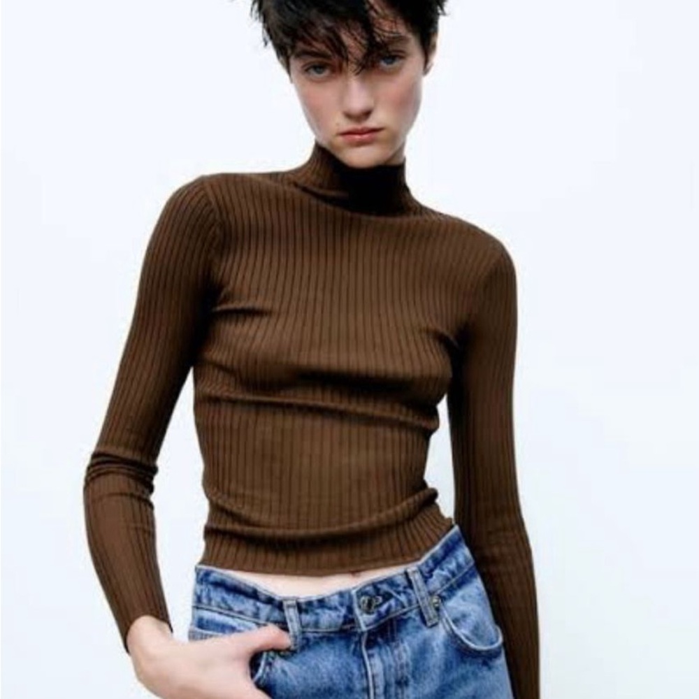 NWT Zara Chocolate Ribbed Turtleneck Top